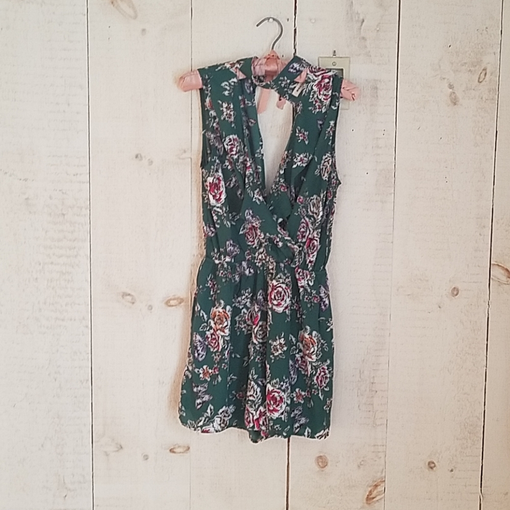 Green Floral Romper with Choker Collar